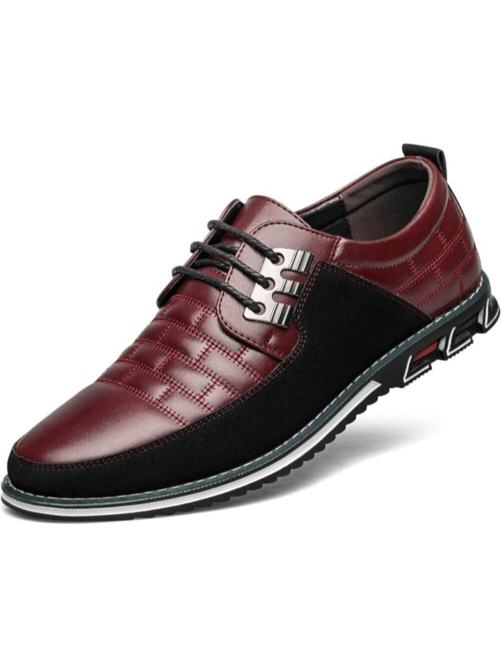 Men's Maroon Plaid Embossed Grid Leather Comfortable Hybrid Oxford Dress Sneaker